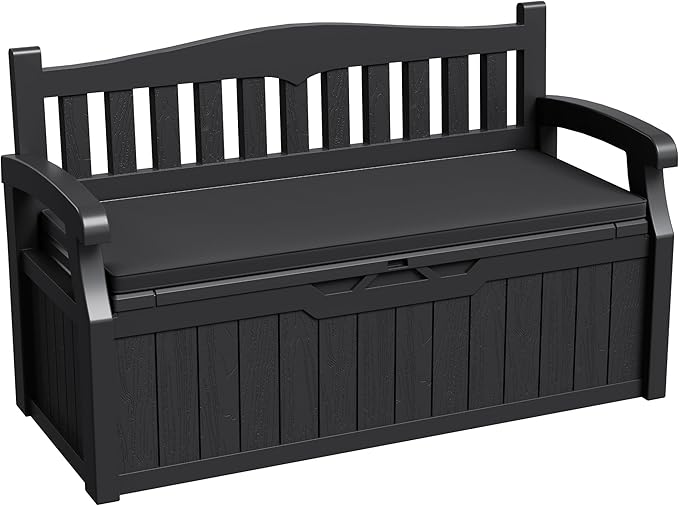 Greesum 80 Gallon Outdoor Storage Bench Deck Box with Cushion & Armrest, Lockable, Waterproof UV Resistant, Comfortable Seating for Patio, Pool, Garden, Black by BuynowfromGreesum
