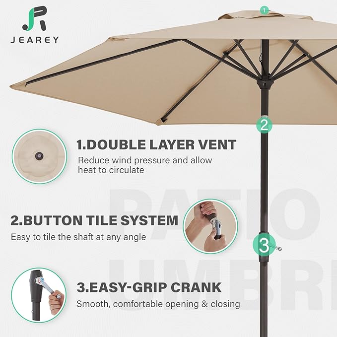 JEAREY 7.5FT Patio Umbrella Outdoor Market Umbrella with 6 Sturdy Ribs, Push Button Tilt/Crank Table Umbrella for Garden, Deck, Backyard and Pool, Beige - Image 5