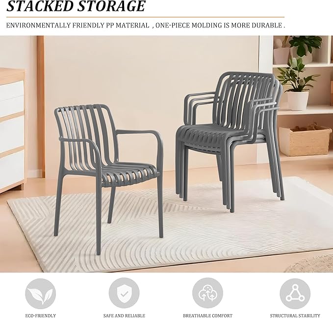Patio Dining Chairs Set of 4, All-Weather Outdoor and Indoor Stackable Chairs with Curved Back, Waterproof for Patio, Deck, Porch, Backyard, Restaurant & Cafe Use, Grey - Image 3