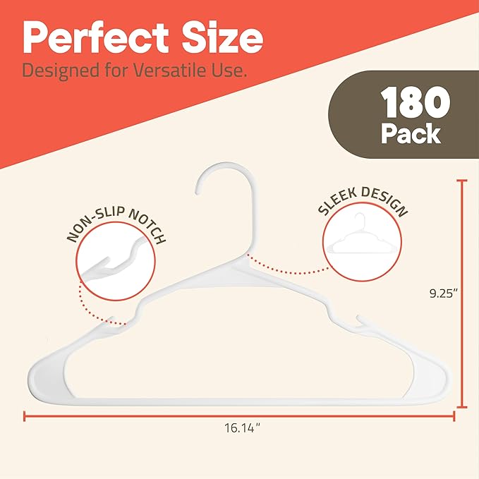 White Plastic Hangers 180 Pack– Heavy-Duty Plastic Hangers Slim and Space-Saving - Image 2