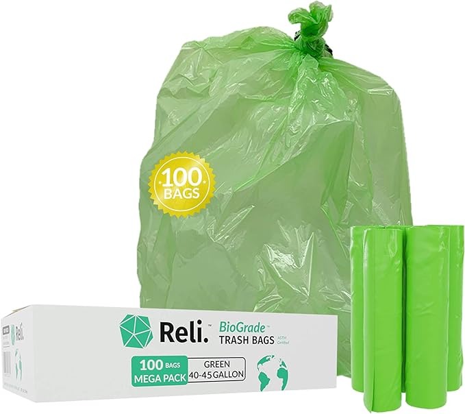 Reli. Biodegradable 40-45 Gallon Trash Bags | 100 Count | ASTM D6954 | Green | by Reli