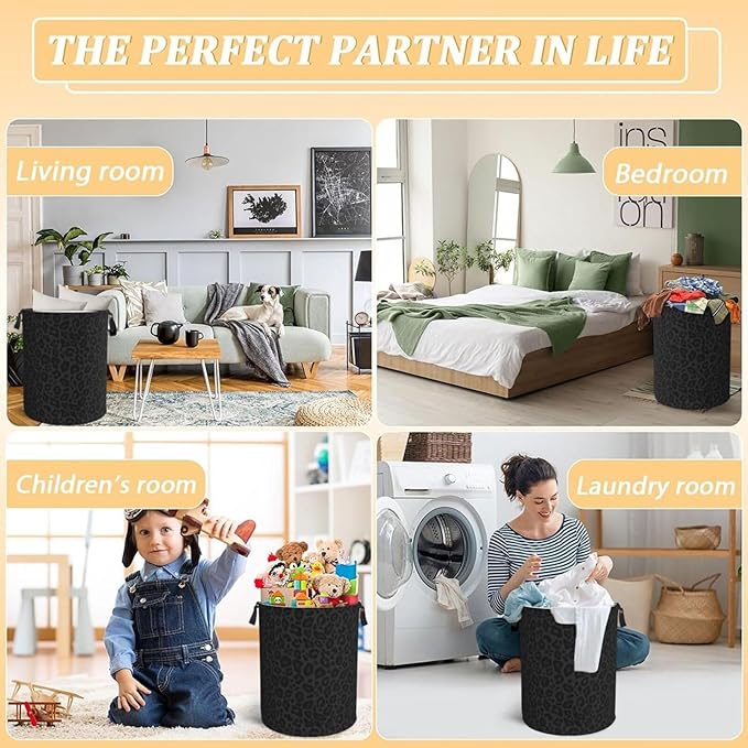 Black Leopard Print Laundry Hamper Bag - Image 7