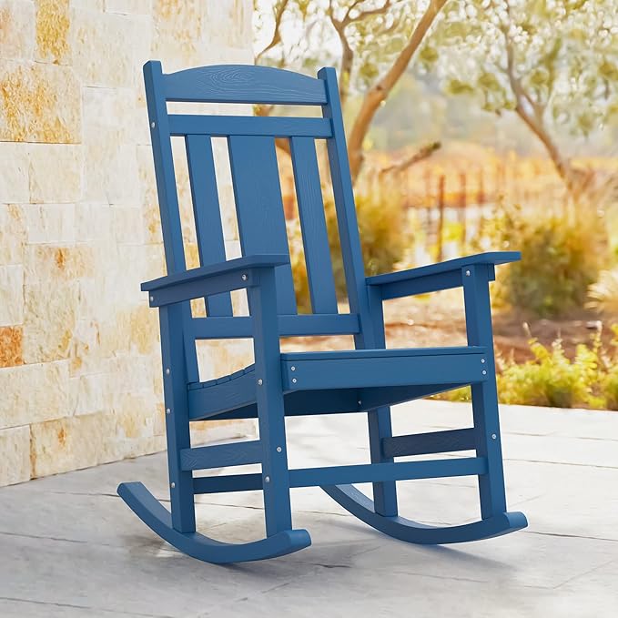 LUE BONA Rocking Chair Outdoor, Weather Resistant Poly Plastic Rocker Chairs, 350lb Heavy Duty, Oversized Porch for Adult, High Back Smooth Chairs Outdoor & Indoor, Blue - Image 4