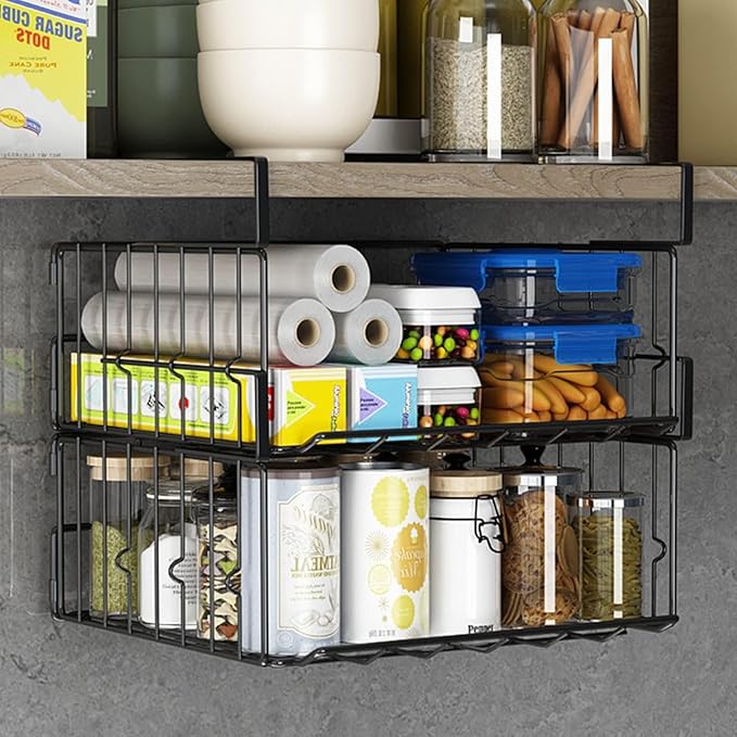Hanging Under Shelf Storage Basket, 4 Pack Foldable Under Cabinet Metal Desk - Image 3