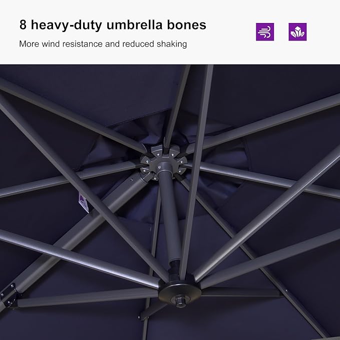 PURPLE LEAF 9'×11.5' Cantilever Patio Umbrella with Base Rectangle Offset Outdoor Umbrella Cover with Zipper for Garden Deck Pool Navy Blue - Image 6