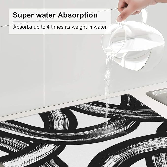 Black and White Abstract Curved Dish Drying Mats, Absorbent Microfiber Modern - Image 4