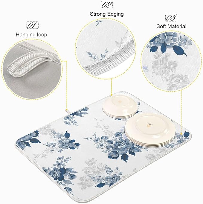 Tarity Watercolor Blue Flower Dish Drying Mat - Image 4