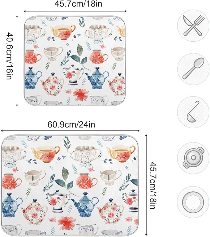 Watercolor Tea Cups Teapots Dish Drying Mat - Image 3