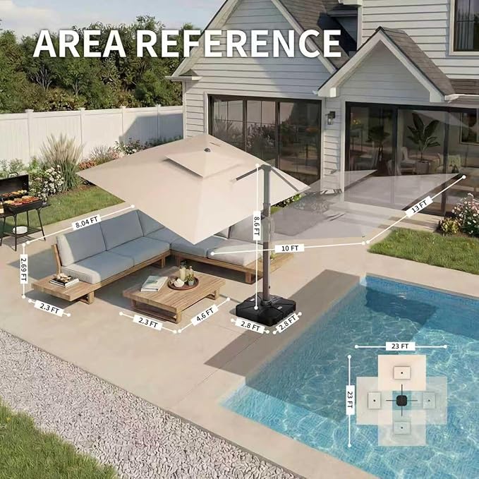 10 X 13 FT Cantilever Patio Umbrella with LED Lights Outdoor Heavy Duty Double Top Windproof Rectangle Offset Umbrellas with 360-degree Rotation for Pool Deck Backyard, Beige - Image 4
