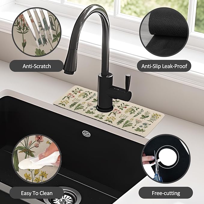 2PCS 15" X 5.5" Kitchen Sink Splash Guard Faucet Mat Floral Super Absorbent - Image 6