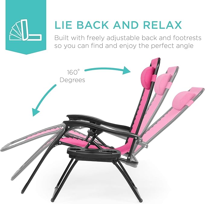 Best Choice Products Set of 2 Adjustable Steel Mesh Zero Gravity Lounge Chair Recliners w/Pillows and Cup Holder Trays - Pink - Image 3
