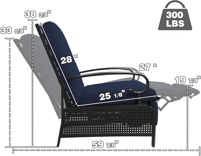 Kozyard Adjustable Outdoor Reclining Lounge Chair, Cushioned Patio Chaise Lounge with Extendable Metal Frame for Sunbathing, Reading & Relaxing – Comfortable Outdoor Recliner(Navy Blue) - Image 2
