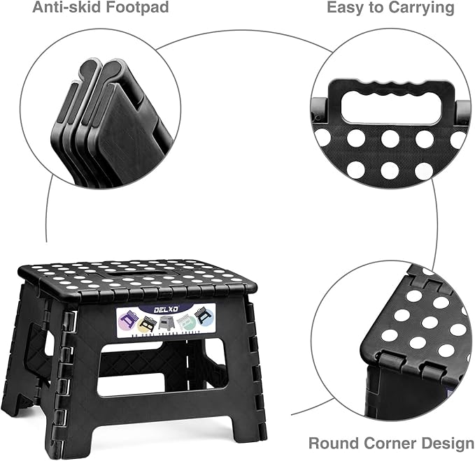 Delxo 9 Inch Folding Step Stool, Black Step Stools for Kids Foldable,Portable Collapsible Step Stool with Handle, Folding Stool for Kitchen Bathroom,Bedroom,Garden - Image 3