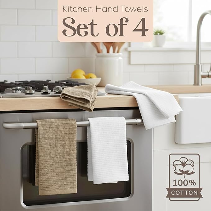 MosJos Kitchen Hand Towels Set of 4 Cotton Ribbed Taupe and White Hand Towels - Image 2