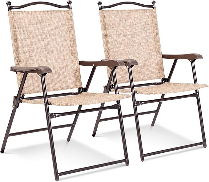 Giantex Set of 2 Patio Folding Chairs, Outdoor Patio Dining Chairs w/Armrest, Sling Back, Metal Frame, Outside Use for Lawn Camping Garden Pool Beach Yard Lounge, No Assembly, Yellow by Giantex
