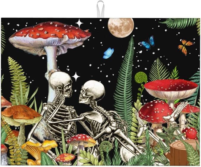 Red Mushroom Skull Dish Drying Mat 18x24 by indokyeyqaz