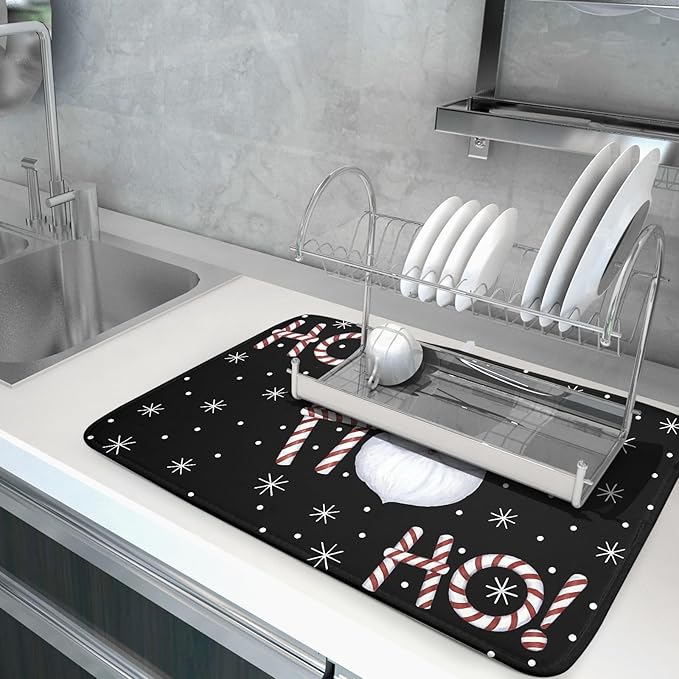 Giwawa Santa Laugh Dish Drying Mat Winter Snowflakes Black Dish Drainer Mats - Image 5