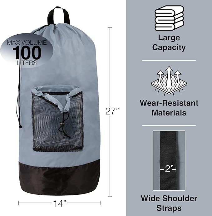 Laundry Bag Backpack with Shoulder Straps and Mesh Pocket Laundry Backpack - Image 2