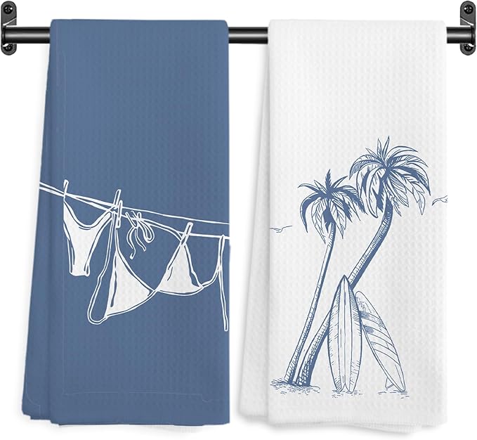 Blue Beach Surfboard Kitchen Towels, Coastal Tropical Palm Tree Decorative Hand by Unknown