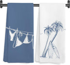 Blue Beach Surfboard Kitchen Towels, Coastal Tropical Palm Tree Decorative Hand by Unknown