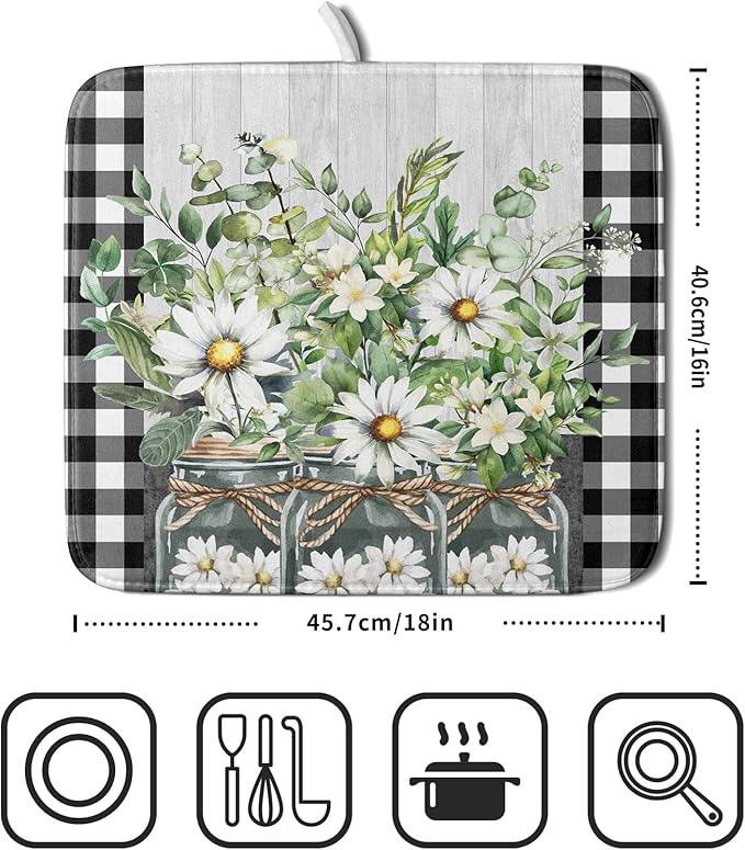 Spring White Daisy Flowers Dish Drying Mat - Image 2