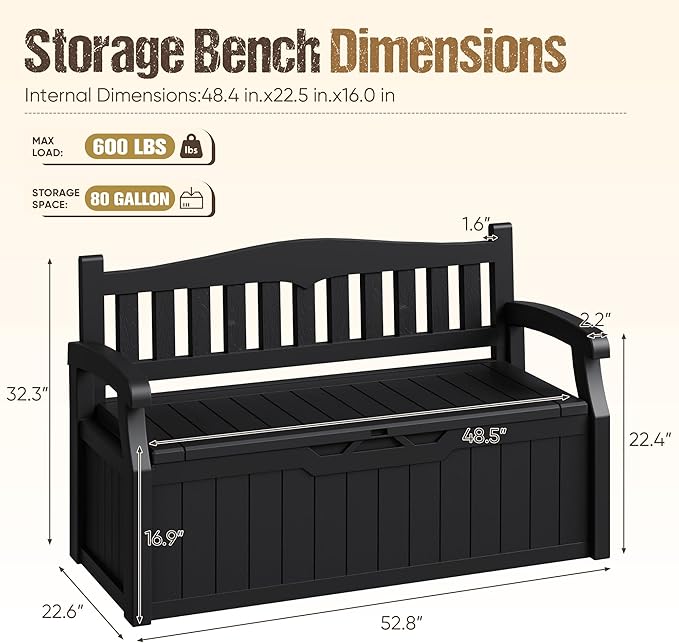 80-Gallon Outdoor Storage Bench, Waterproof Deck Box with Lockable Lid, Dark Black - Image 3