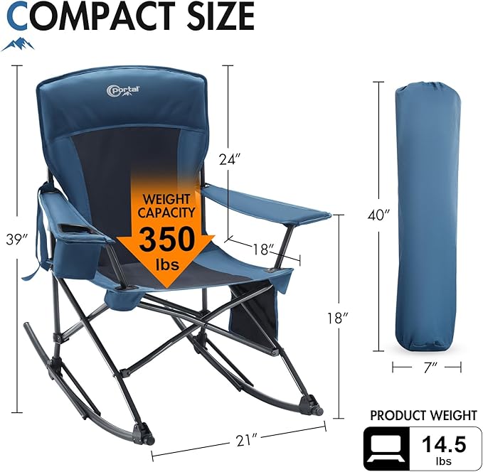 Portal Outdoor Rocking Chair Camping Folding Portable Rocker with Cup Holder Side Pocket Carry Bag, Support 350LBS (Midnight Blue) - Image 3