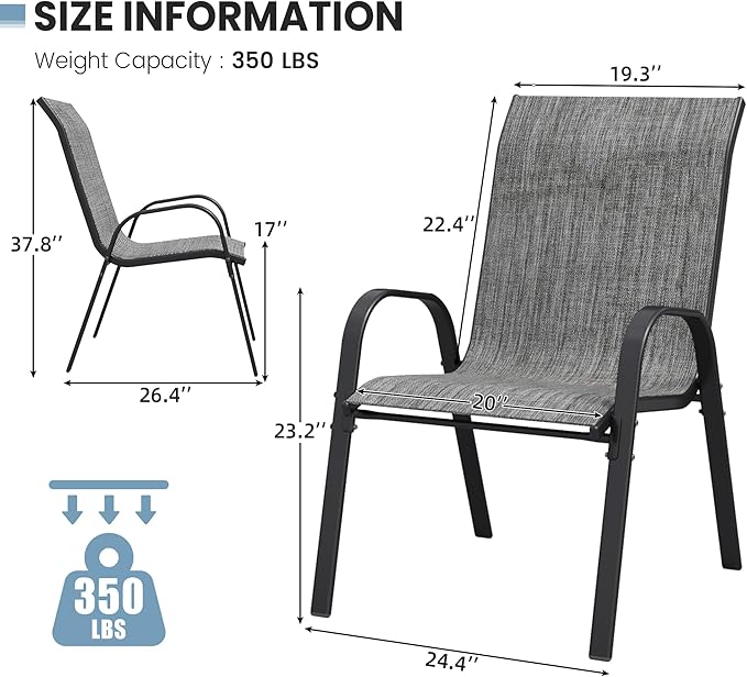 Patio Dining Chairs Set of 8, Outdoor High Stacking Chairs，Breathable Seat Fabric and Alloy Steel Frame for Backyard, Porch, Garden, Sunroom (Light Grey) - Image 3