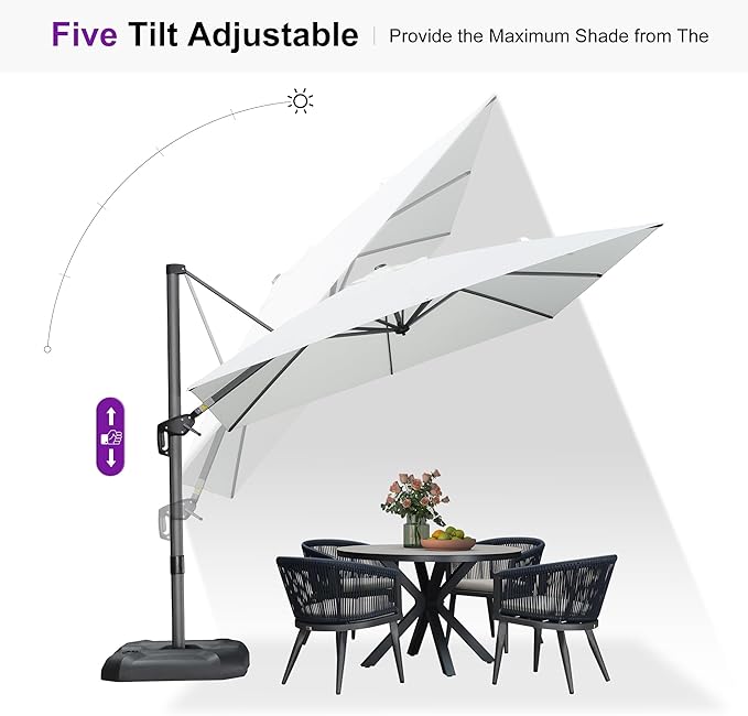 PURPLE LEAF 9 Feet Patio Umbrella with Base Outdoor Cantilever Square Umbrella Aluminum Offset Umbrella with 360-degree Rotation for Garden Deck Pool Patio White - Image 6