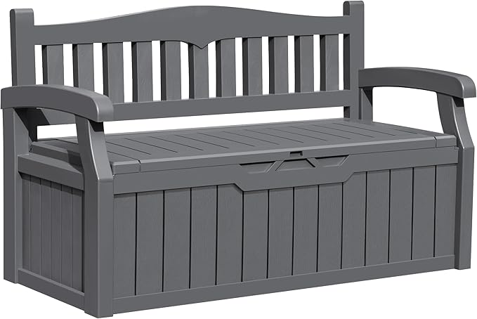 Greesum 80 Gallon Outdoor Storage Bench, Resin Patio Furniture with Armrest,Waterproof and UV-Resistant, Perfect to Garden, Poolside and Lawn, Dark Grey by BuynowfromGreesum