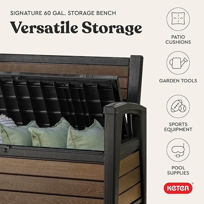 Keter Signature 60 Gallon Storage Bench Deck Box for Patio Furniture, Front Porch Decor and Outdoor Seating – Perfect to Store Garden Tools, Walnut - Image 6