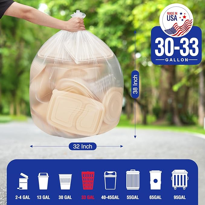Delxo 30-33 Gallon Clear Trash Bags, Durable & Puncture-Resistant Plastic - Image 2