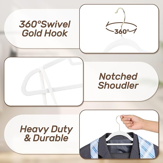 Velvet Hangers 30 Pack with Gold Hooks, Non-Slip Slim Felt Hanger - Image 2
