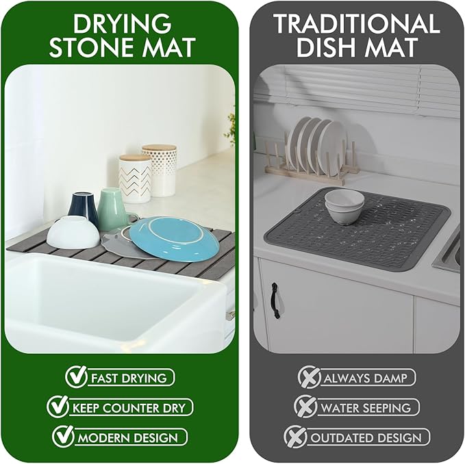 Stone Dish Drying Mat for Kitchen Counter, Large Dark Gray Foldable - Image 6