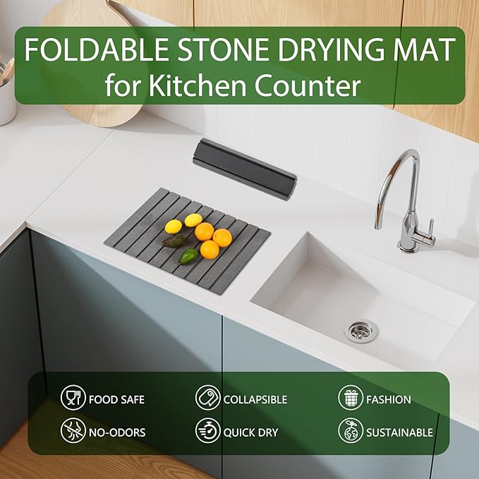 Stone Dish Drying Mat for Kitchen Counter, Large Dark Gray Foldable - Image 8