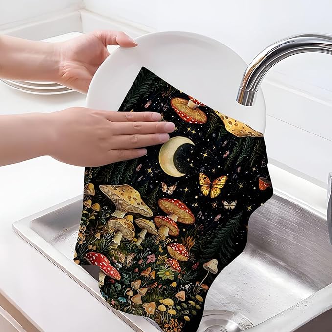 Mushroom Moth Kitchen Towels Decorative Set of 4, Witchy Dish Towels Absorbent - Image 3