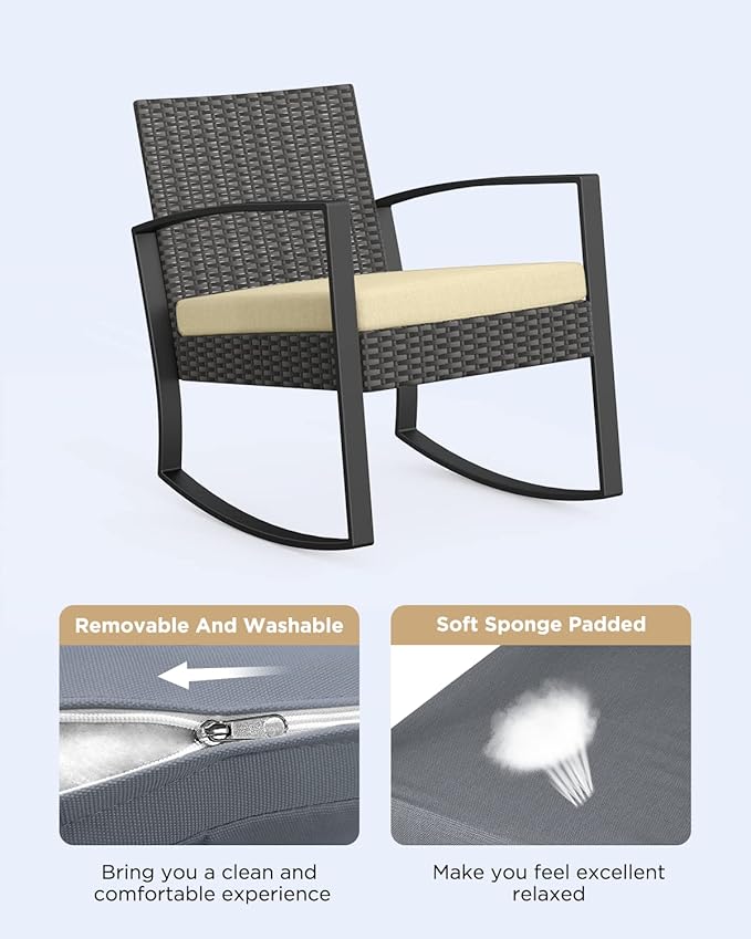 3 Pieces Porch Furniture Set Patio Rocking Bistro Set Outdoor Patio Chairs Rattan Conversation Sets with Coffee Table for Front Porch Garden Balcony Backyard Poolside (Beige Cushion) - Image 2