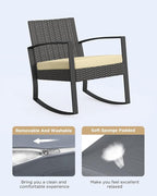 3 Pieces Porch Furniture Set Patio Rocking Bistro Set Outdoor Patio Chairs Rattan Conversation Sets with Coffee Table for Front Porch Garden Balcony Backyard Poolside (Beige Cushion) - Image 2