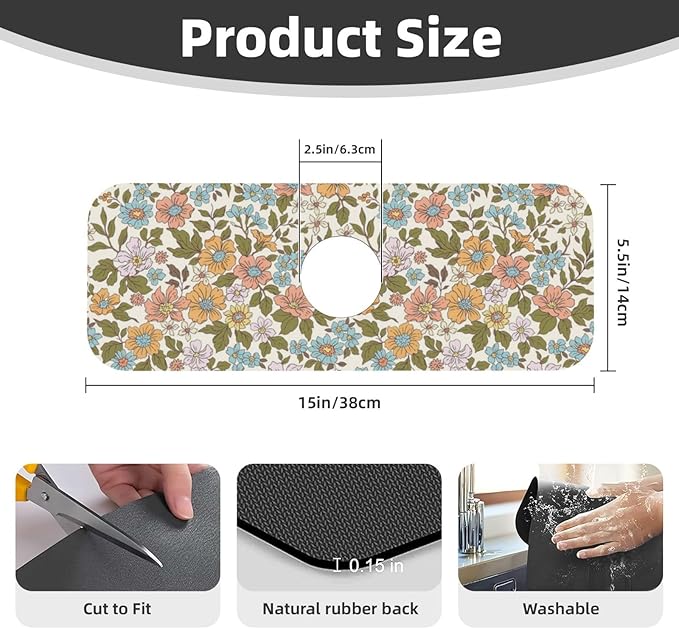 Faucet Draining Mat For Kitchen Sink, Colorful Flowers Floral Diatom Mud - Image 2