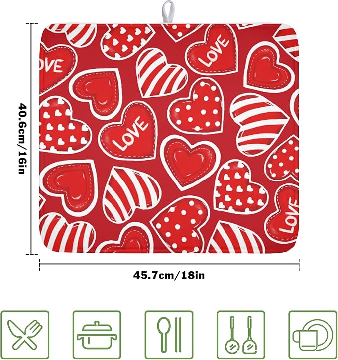 Valentines Day Dish Drying Mat for Kitchen Counter Red Polka Dot Stripe Love - Image 2