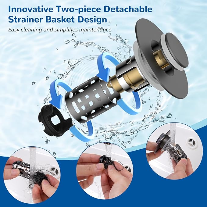 Hibbent 2 Pack 3 in 1 Bathroom Sink Drain Strainer, Universal Pop Up Stopper - Image 4
