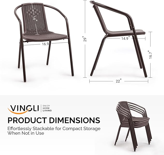 VINGLI PE Rattan Outdoor Dining Chairs Set of 2, Plastic Stackable Patio Chairs for Indoor, Porch, Restaurant, Garden, Brown - Image 3