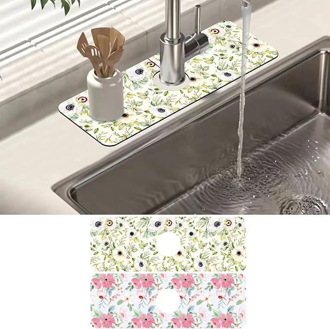 2 Pack Watercolor Floral Sink Faucet Absorbing Mat White Pink Flowers Super by Unknown