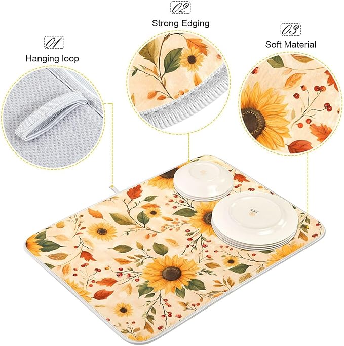 Watercolor Sunflowers Autumn Leaves Dish Drying Mat - Image 4