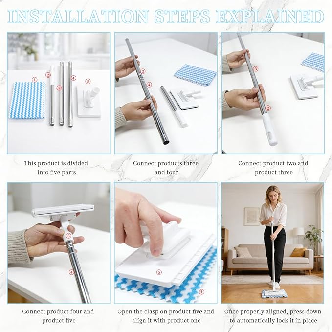Snap Grip Mini Mop, Zero Touch MiniMop, Disposable Clip Mopstick Reusable Cloths - Image 3