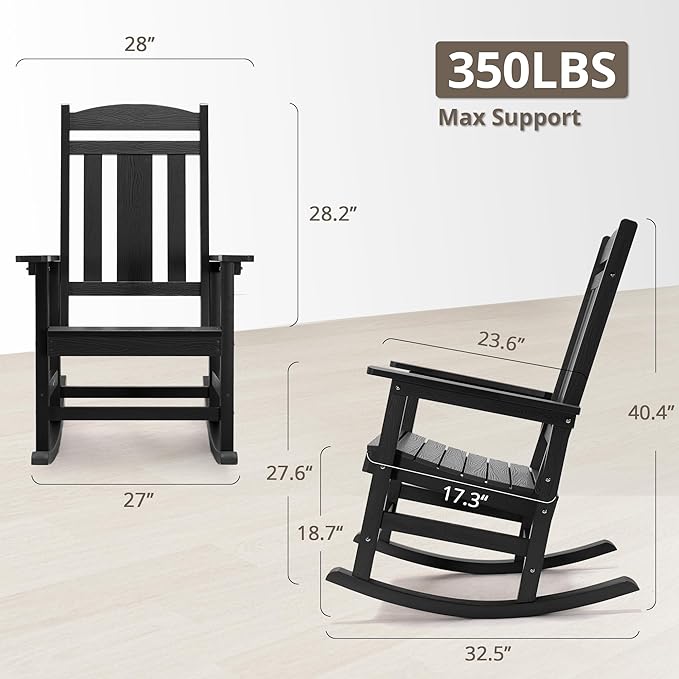 LUE BONA Outdoor Rocking Chairs Set of 2, Weather Resistant Poly Plastic Rocker, 350lb Heavy Duty, Oversized Porch Rocker for Adult, High Back Smooth for Outdoor & Indoor, Black - Image 2