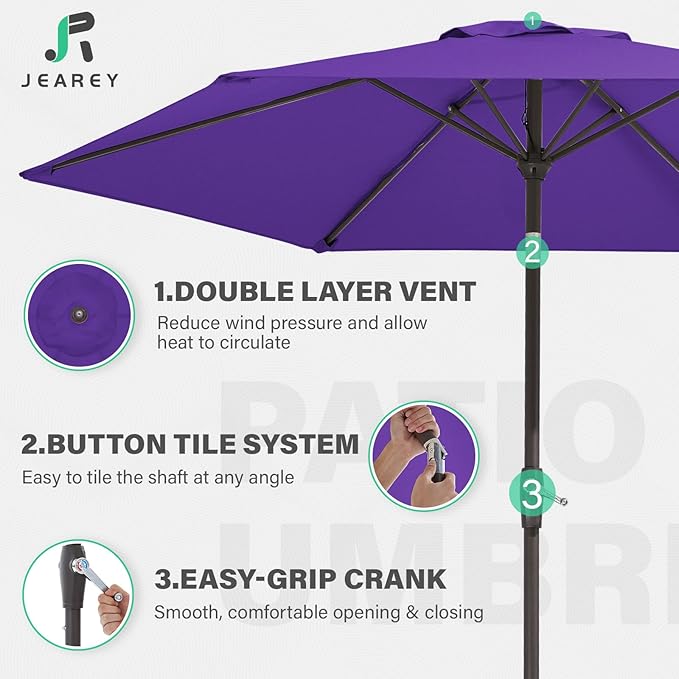 JEAREY 7.5FT Patio Umbrella Market Table Umbrella with 6 Sturdy Ribs, Push Button Tilt/Crank Outdoor Umbrella for Garden, Deck, Backyard, Pool and Beach,Dark Purple - Image 3