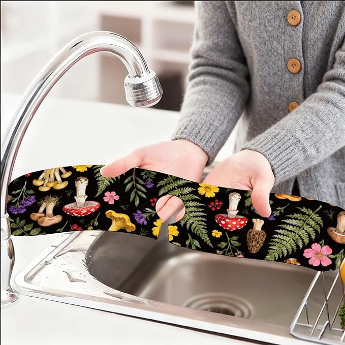 2 Pcs Kitchen Sink Splash Guard Faucet Mats Colorful Mushrooms and Flowers - Image 6