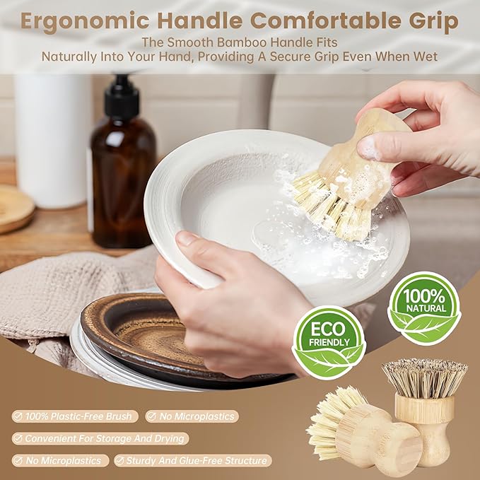 2-Pack Bamboo Dish Brush – Natural Dish Scrub Brush - Image 4