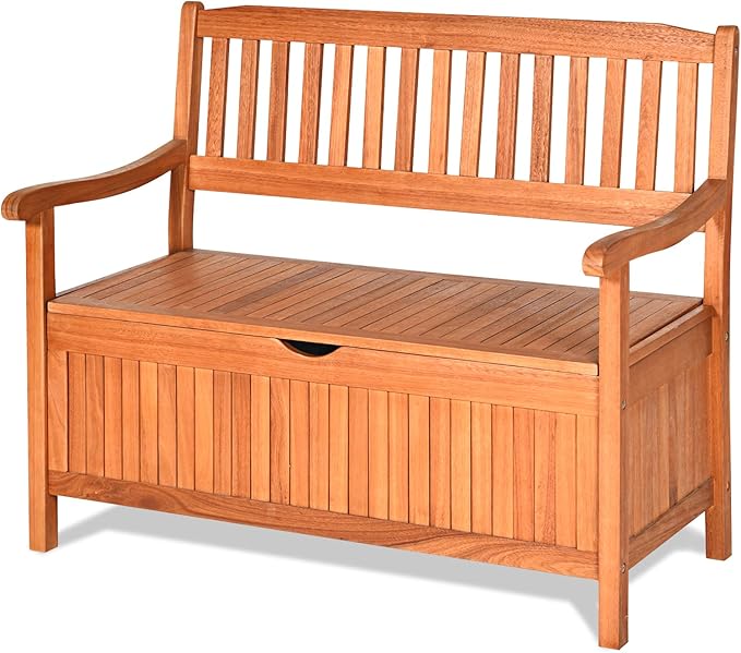 Tangkula Outdoor Wood Storage Bench Deck Box, Entryway Porch Storage Bench with Inner Removable Dust-Proof Lining & Portable Handles, Eucalyptus Wood Loveseat for Garden, Lawn, Balcony & Yard by TANGKULA